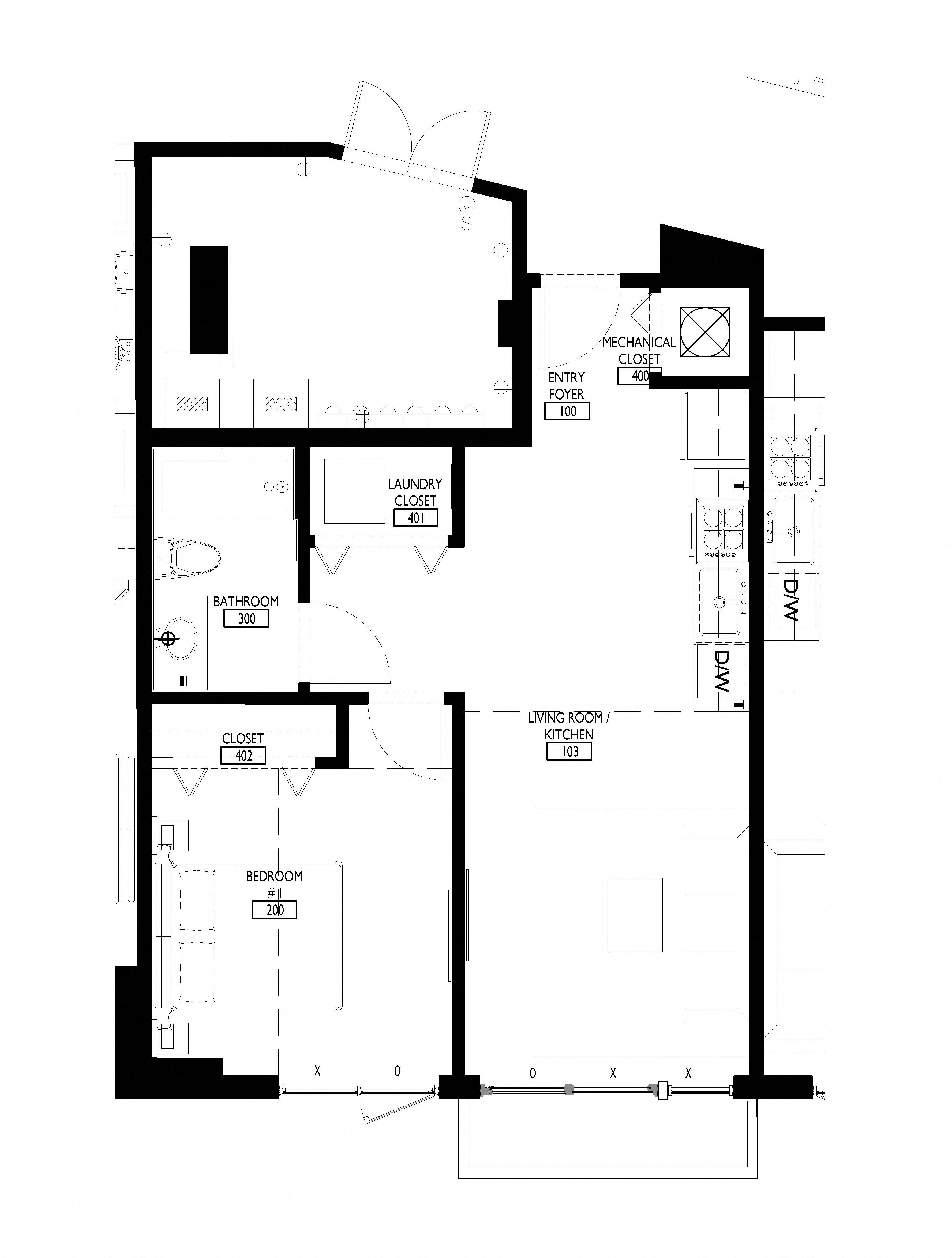 Floor plan for 1 bed, 1 bath, 616 sqft